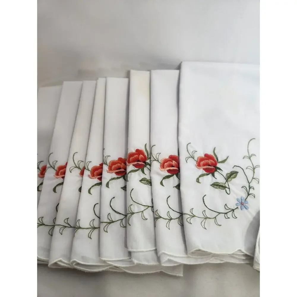 Vintage Set of 12 Embroidered Rose Linen Napkins Scalloped Edge Cottagecore...